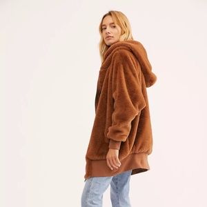 Free People Turn Up Zip Off Hoodie Brown Faux Fur Teddy Jacket